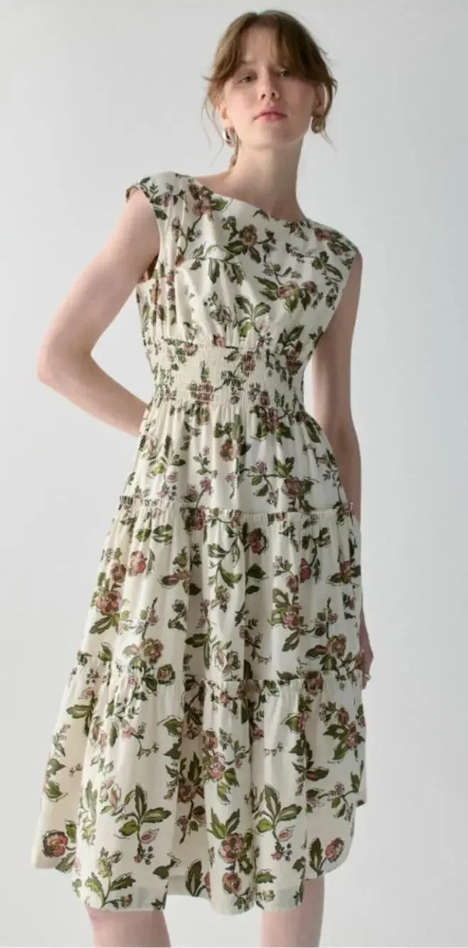 Kate Spade Forest Blooms Blaire Midi Dress Cream Cotton Floral Print size XS